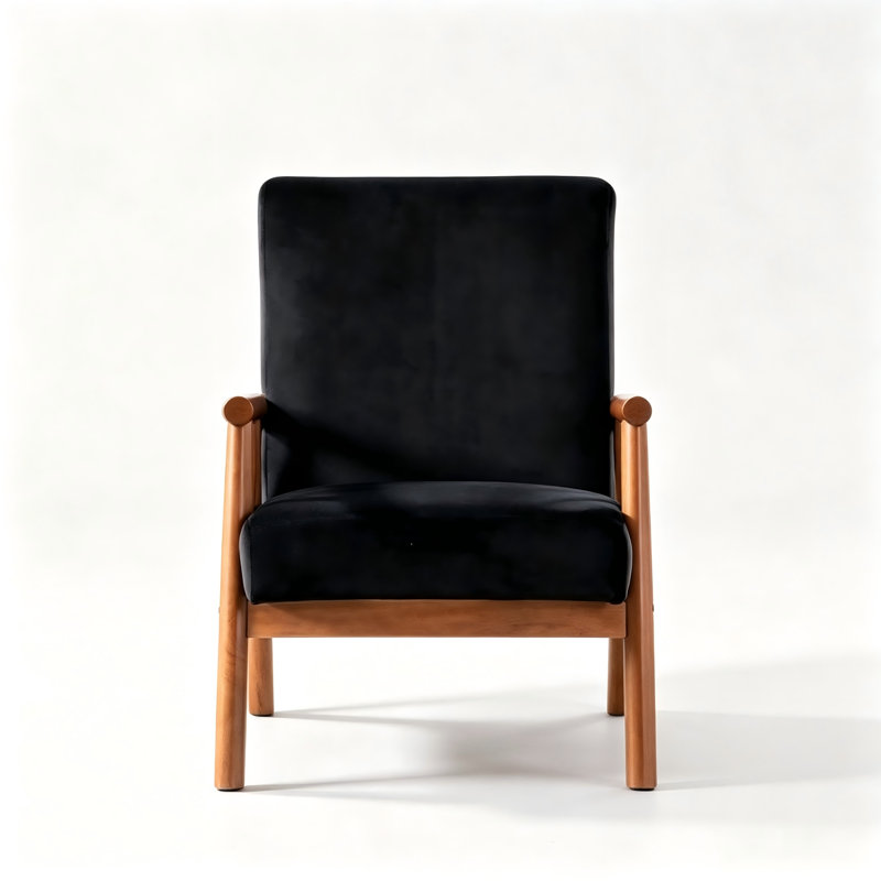 Fauteuil de style Mid-Century moderne de 25 po de large avec structure en bois massif et siège rembourré, Velours noir