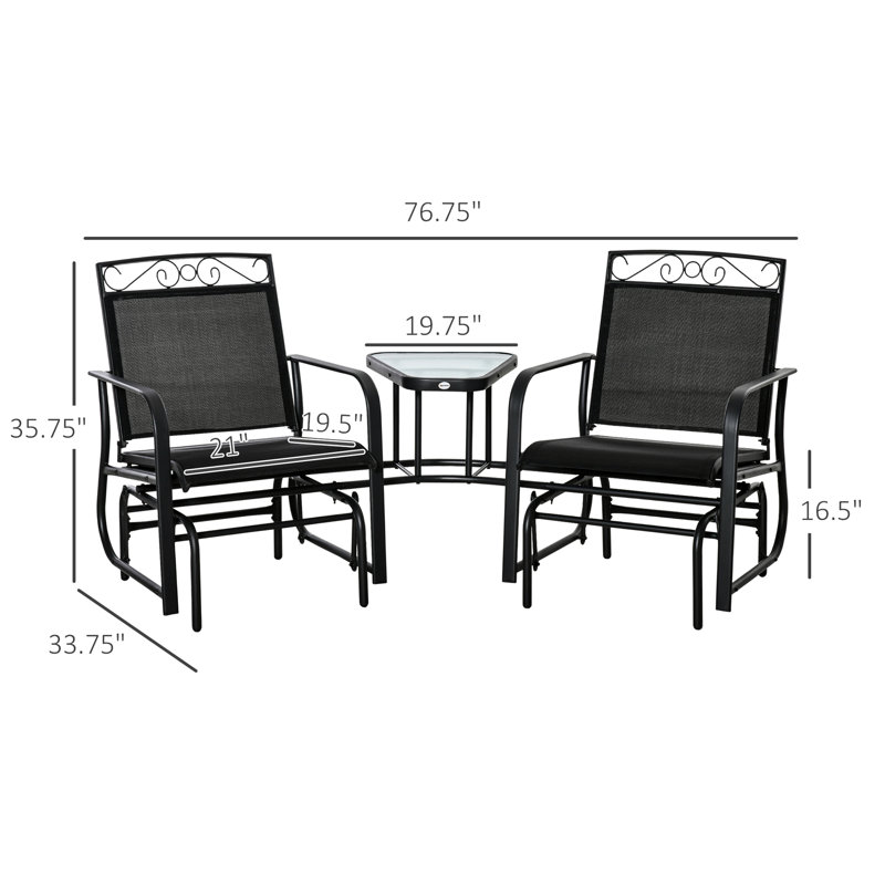 Fauteuil à bascule noir pour patio avec table basse - Fauteuils à bascule, centre de jardin 2 places en tissu léger et respirant, coloris