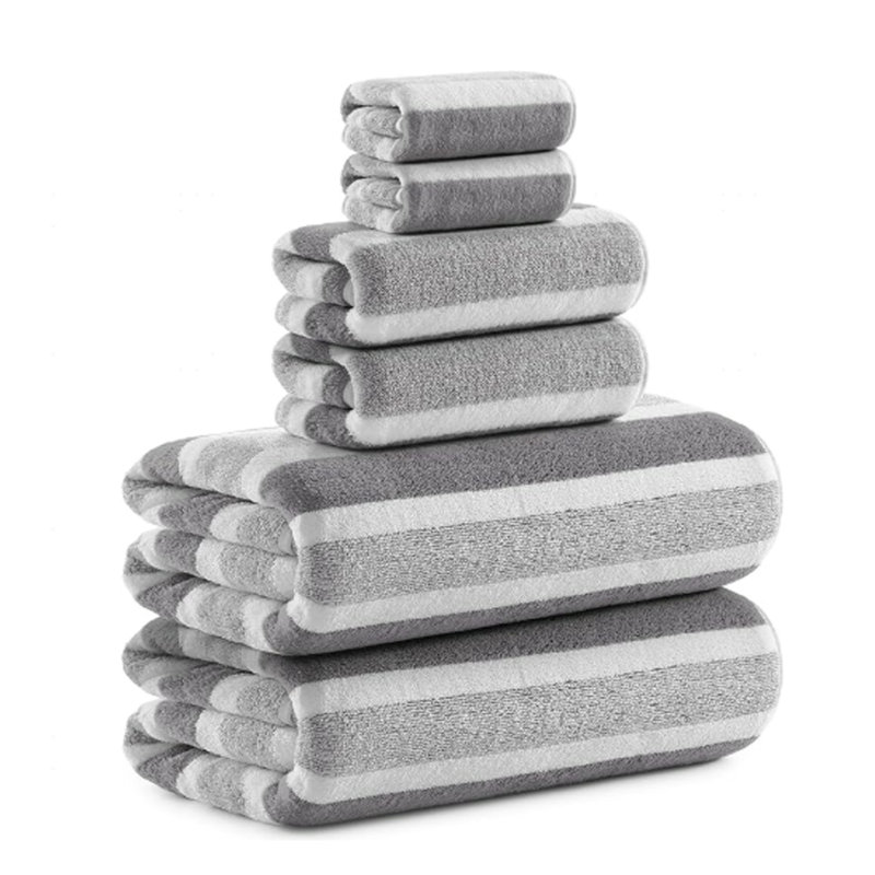 Microfiber Bath Towel Set 6 Pieces, Gray White Striped, 2 Bath 2 Hand 2 Washcloths, Fast Drying
