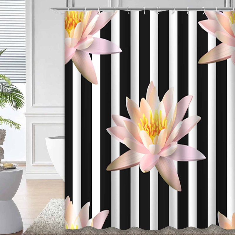 Rideau de douche à motif de lotus à rayures blanches et roses avec 12 crochets, L 72 po x l 78 po