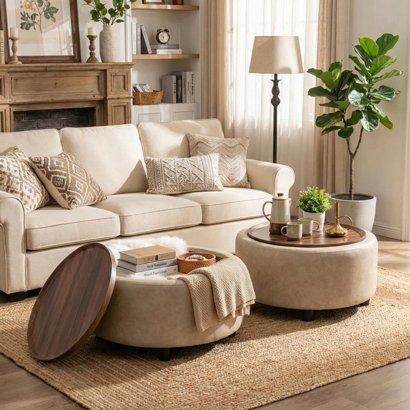 Eniyah Round Cocktail Ottoman With Storage, Gray