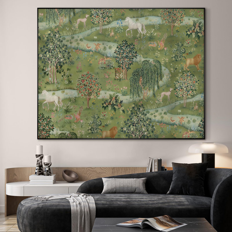 Très grand imprimé mural d'art sur toile - Forêt médiévale fantastique avec des animaux des bois, décor de scène inspiré d'un livre d'histoires pour le salon ou la chambre à coucher - «Assemblage requis du cadre (cadre non fini)»