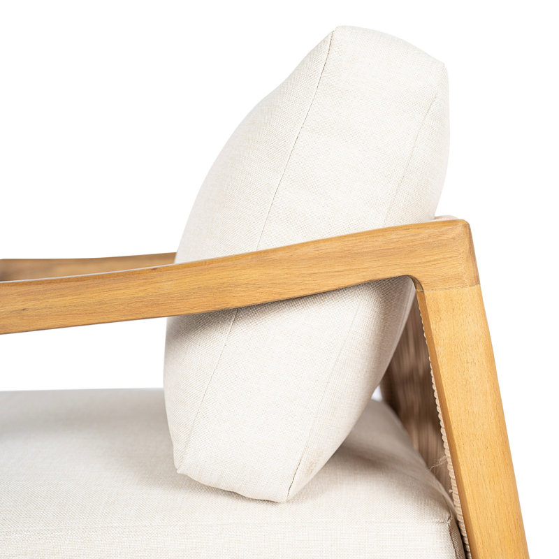 Fauteuil club d'extérieur, structure en bois d'acacia avec dossier en corde, coussins beiges hydrofuges pour patio / cour arrière / terrasse