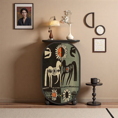 Oval Pine Wood Art Storage Cabinet