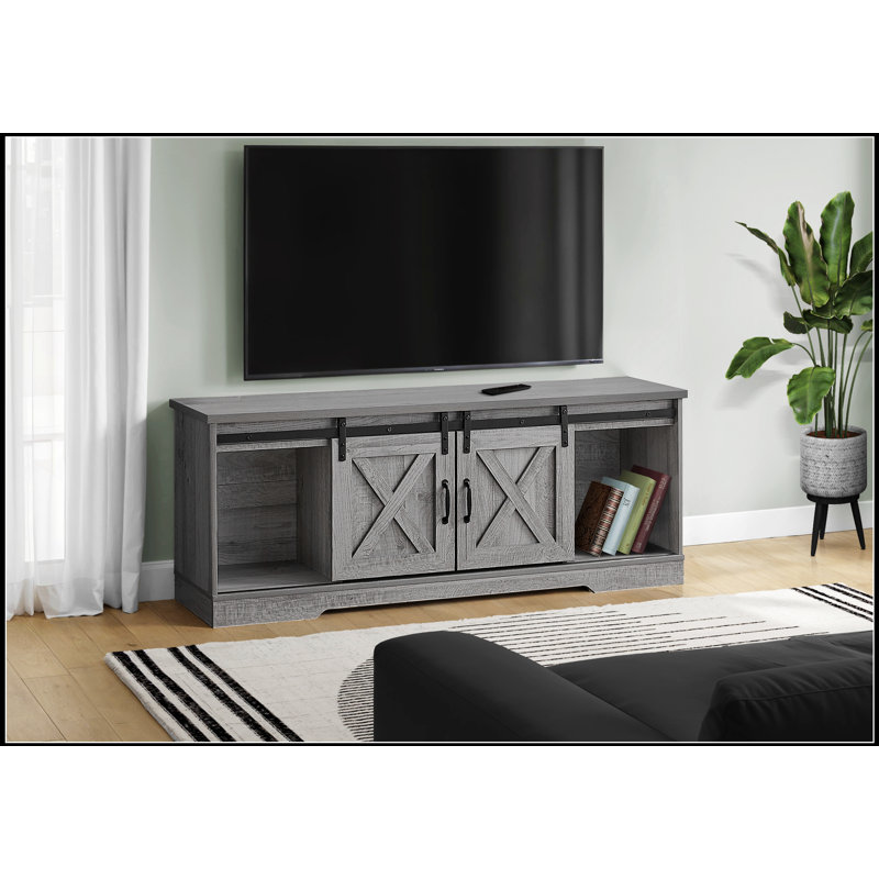 Meuble télé 60 po avec portes coulissantes de style grange et rangement spacieux, parfait pour les salons et chambres à coucher de style campagne moderne