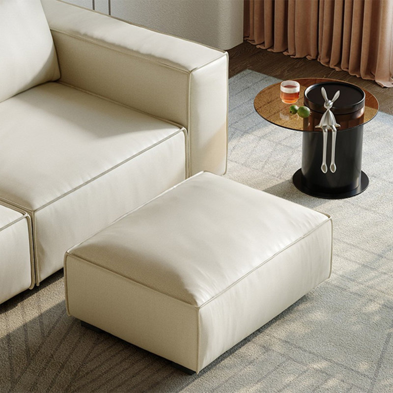 Repose-pieds avec coussin en cuir véritable blanc crème