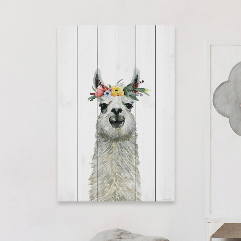 Impression de lama couronné de fleurs Shyann sur bois blanc, H 18 po x l 12 po x P 1,5 po