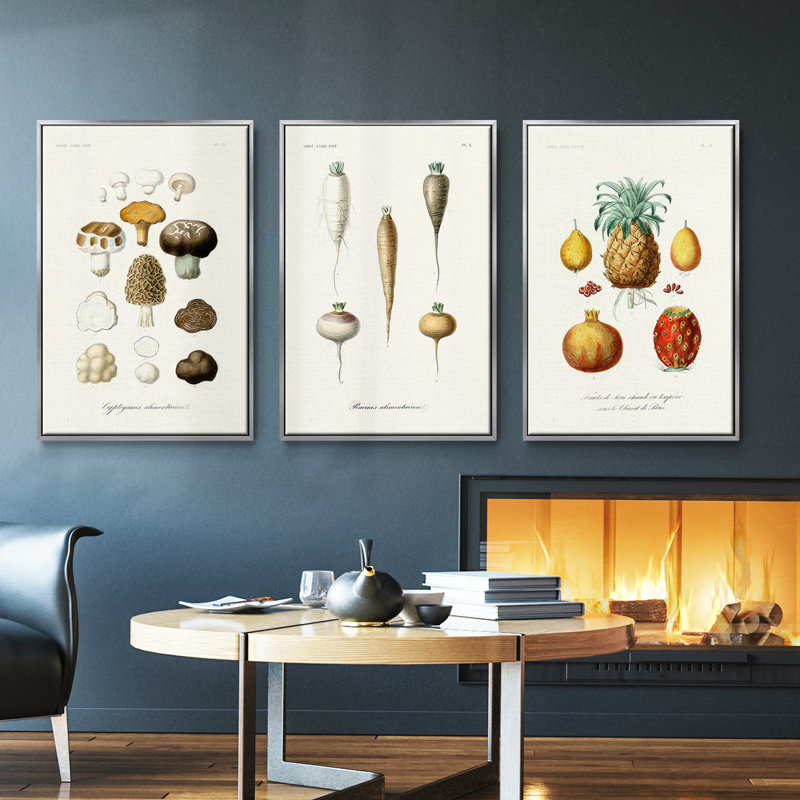 Ensemble de 3 fruits et légumes IV sur toile encadrée, Encadrement argenté, H 27 po x l 54 po