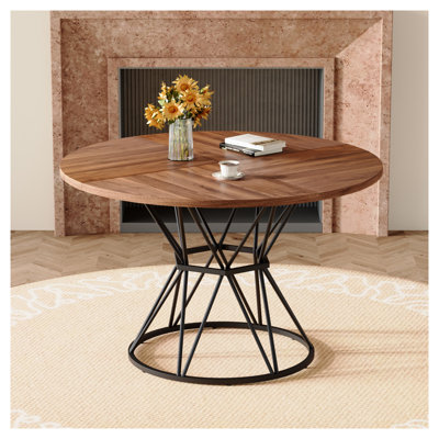 Table de salle à manger ronde 47,3 po pour 4-6, plateau industriel moderne en bois aggloméré grain de bois avec base en sablier noir