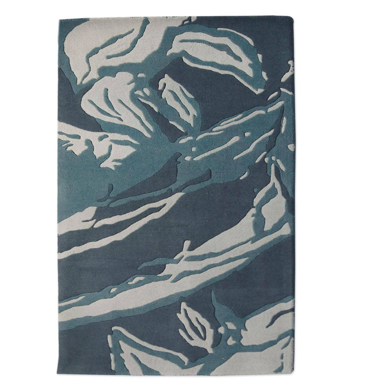 Tapis bleu en laine touffeté abstraite fait main Kinga, Rectangle 4 pi x 6 pi