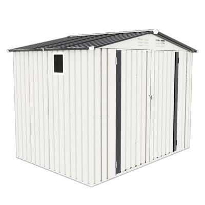8X6 Ft Metal Garden Tool Shed, Pitched Roof, Waterproof, One Window, Two Lockable Doors, White + Gray, For Long - Term Use Storage Ft, With Aesthetic Design