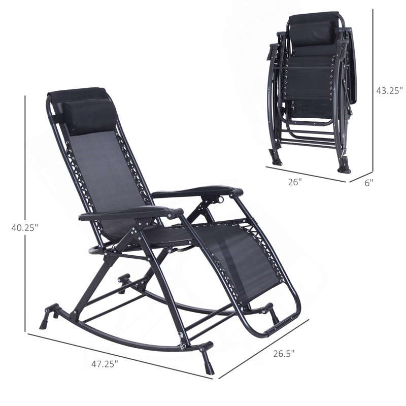 Outdoor Rocking Chairs, Foldable Reclining Anti Gravity Lounge Rocker w/ Pillow, Cup & Phone Holder, Combo Design w/ Folding Legs, Black
