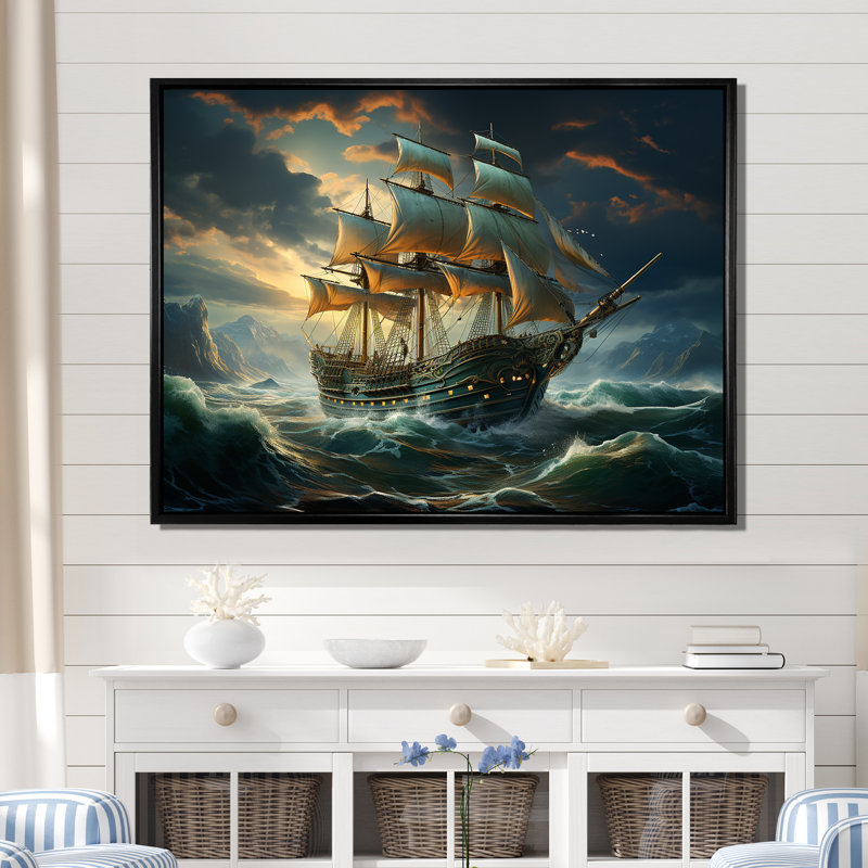 «Pirate Ship Legacy I», art mural pirate, H 24 po x l 32 po x P 1 po, Cadre flottant noir