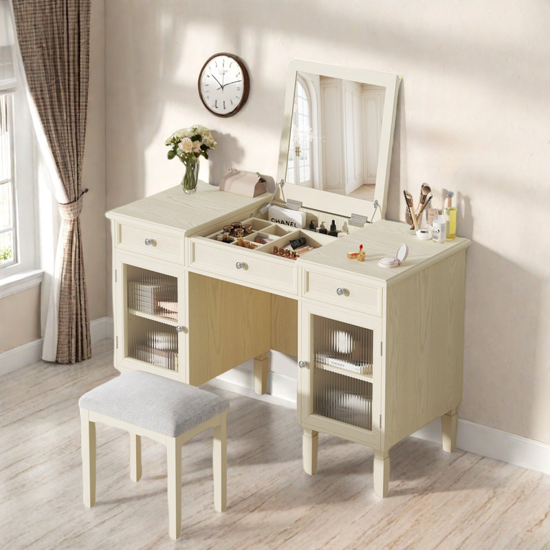  Bureau de coiffeuse 2 en 1 avec miroir rabattable, tiroir et armoire