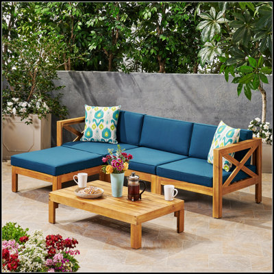Ensemble de canapé d'extérieur en L ALCOVE avec bois d'acacia et coussins résistants à l'eau, parfait pour le patio et le jardin