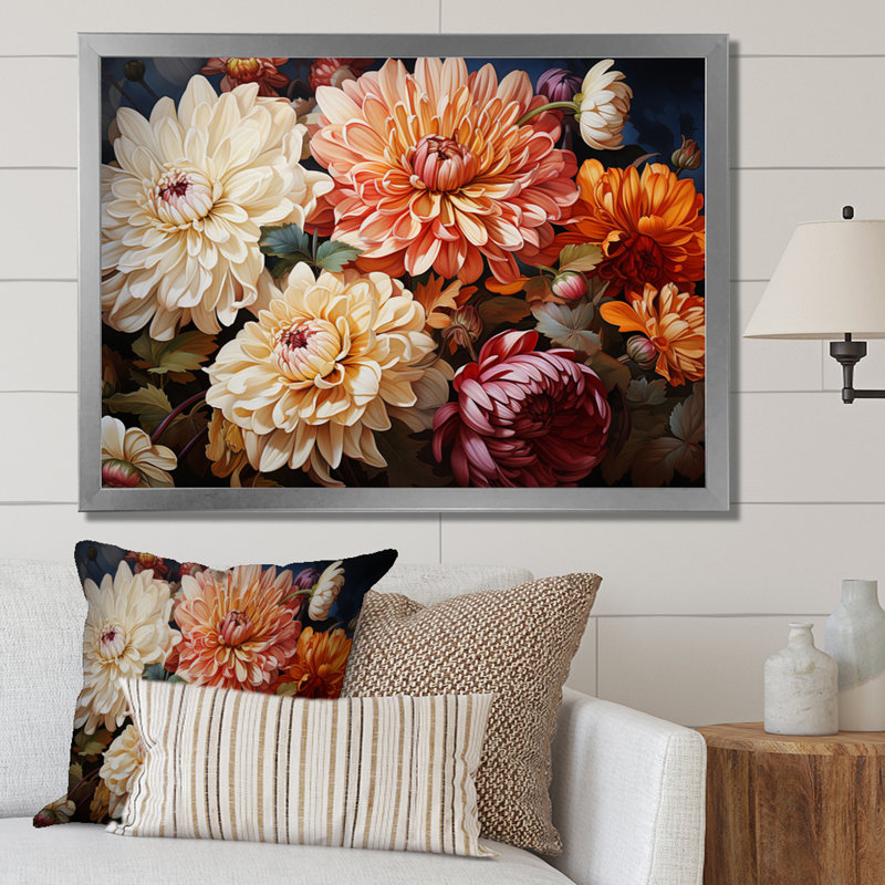Corail blanc charmants chrysanthèmes, Cadre flottant blanc, H 24 po x l 32 po x P 1 po