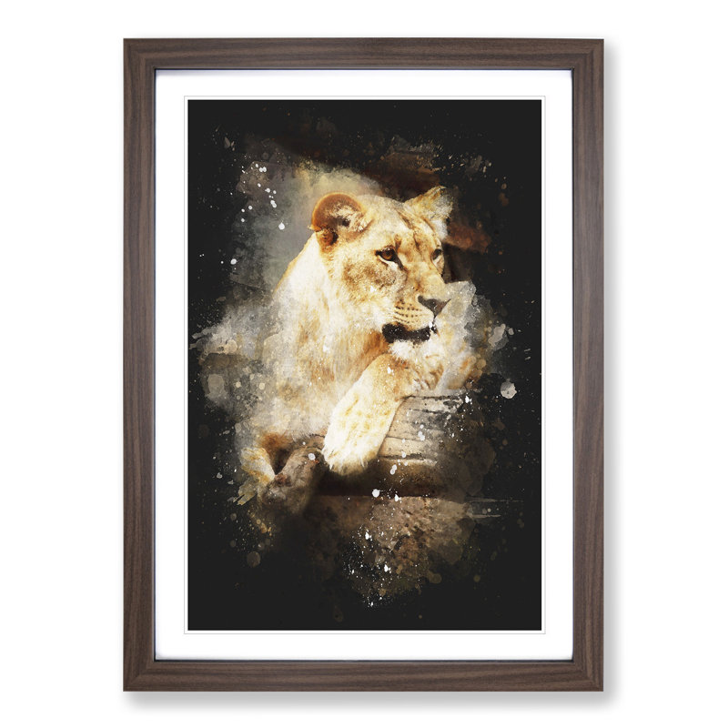 Lioness - Picture Frame Graphic Art, 90cm H x 65cm W x 2cm D, Walnut Framed