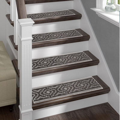 Benaiah Stair Tread Covers Gray Floral Machine Washable Indoor Treads w/ Rubber Backing
