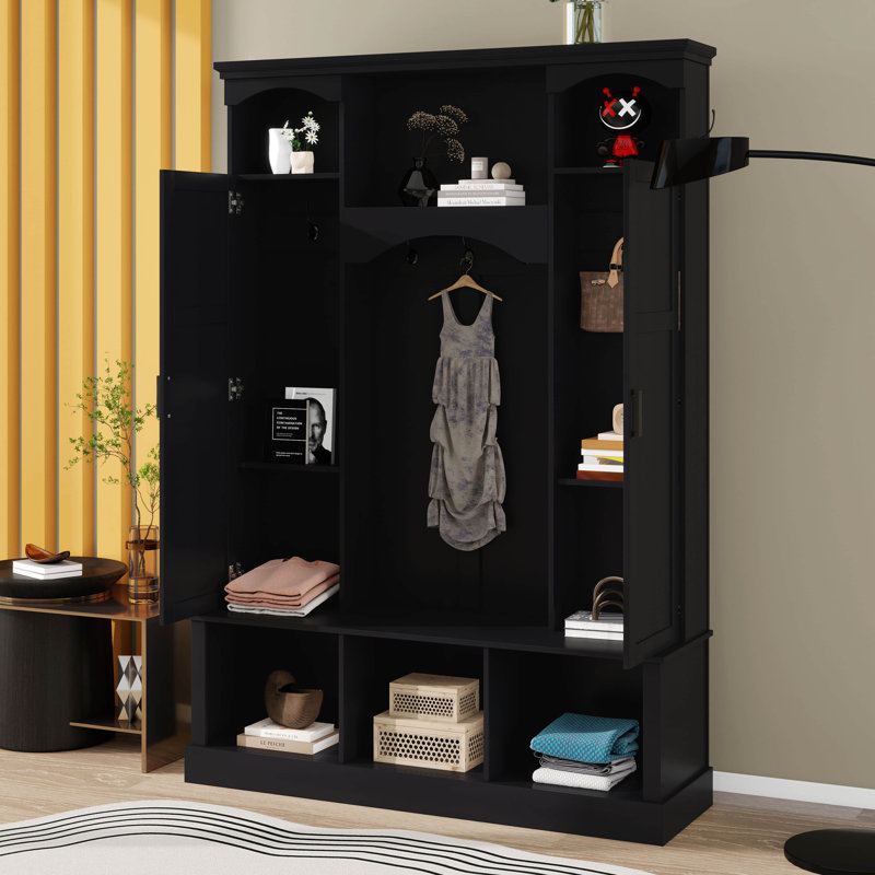 All-In-One Hall Tree With Adjustable Shelves, Classic Arched Storage Bench With Dual Side Cabinets, 7 Hooks, Black