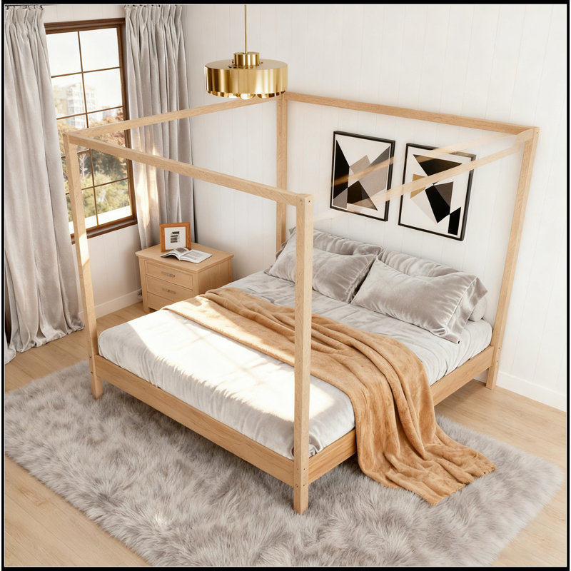 Canopy Bed Frame Four Poster Platform Bed With Slats Support, No Box Spring Needed, Queen