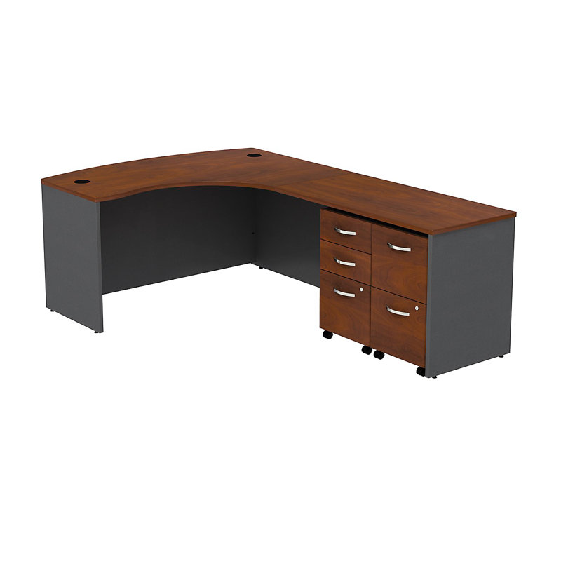 Series C Bow Front Left Handed L Shaped Desk with 2 Mobile Pedestals, Hansen Cherry, Right