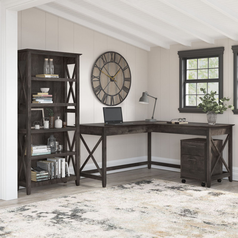 Huckins 3 Piece Credenza Desk Office Set, Dark Gray Hickory