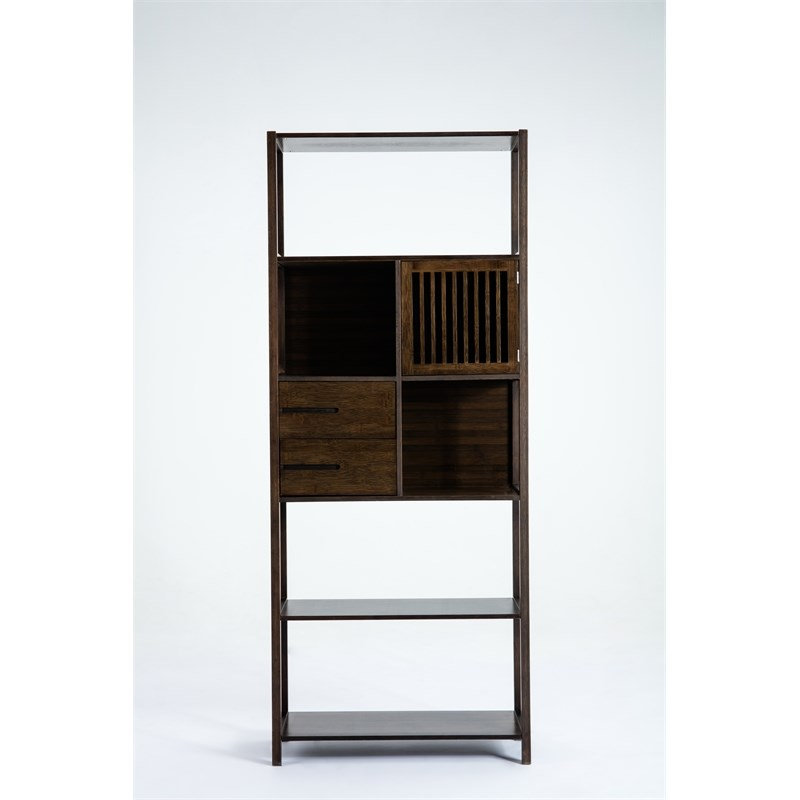 Bibliothèque droite en bambou avec armoire Cappuccino, (5 Shelves) 68"H x 28"W x 11.5"D, Cappuccino