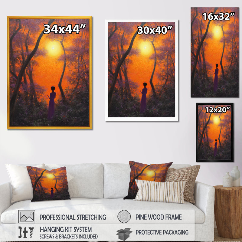 Petite fille marchant dans la forêt de Jacaranda I sur toile, H 20 po x l 12 po x P 1 po, Cadre flottant noir