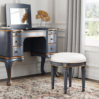 Anicka 18.5 in. Seat Height Round Upholstered and Solid Wood Traditional Vanity Stool