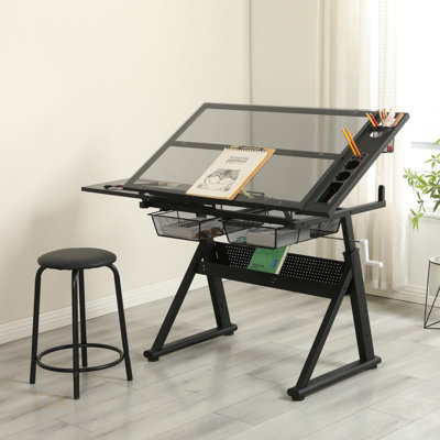 Table à dessin réglable en verre trempé avec chaise et rangement, parfaite pour la maison et le bureau