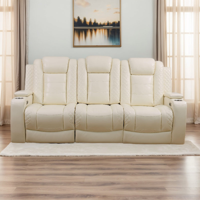 83.4" Breathing Leather Dual Power Living Room Reclining Sofa With Arm Storage, Cupholders, White