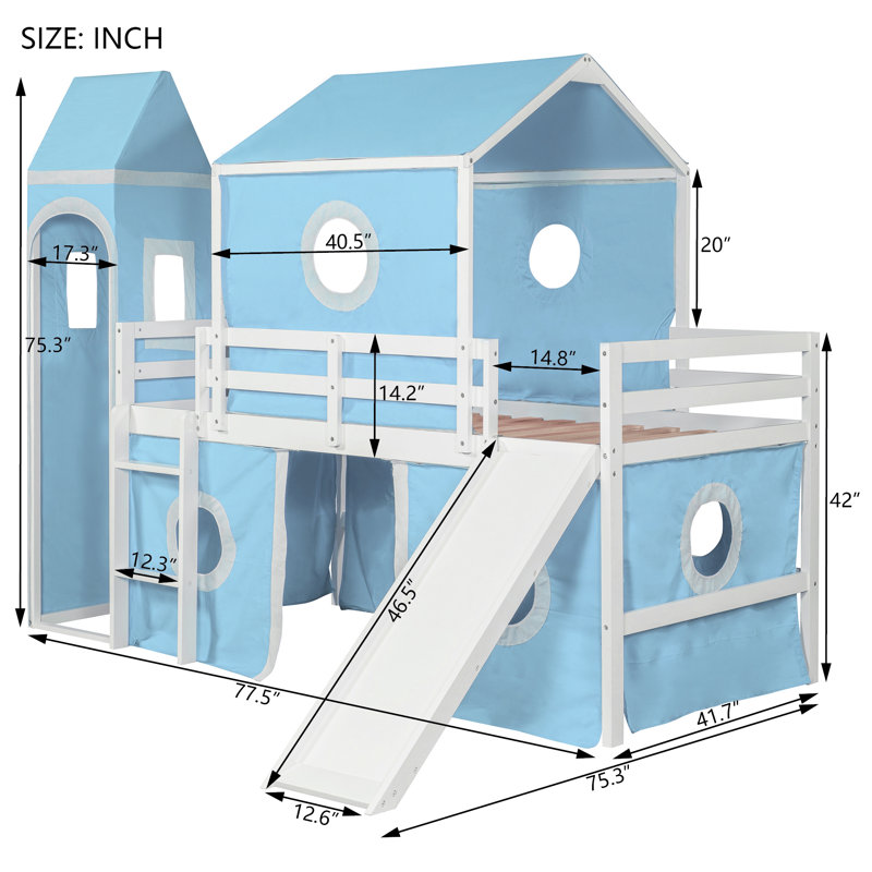 Twin Size Loft  Bed with Slide Pink Tent and Tower - Blue
