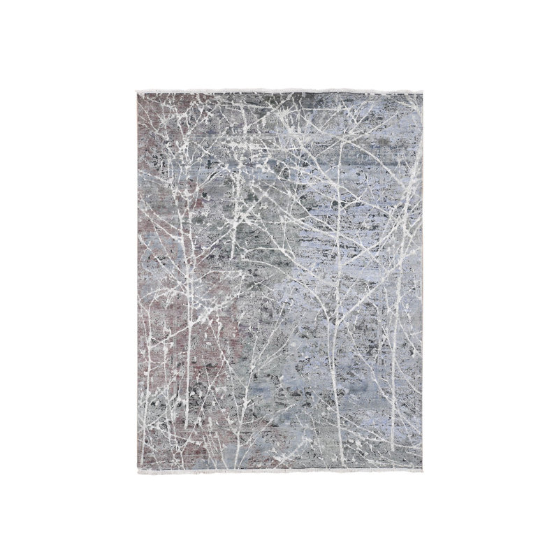 Tapis gris en laine noué à la main 7 pi 7 po x 10 pi 1 po avec laine Zoroastrian