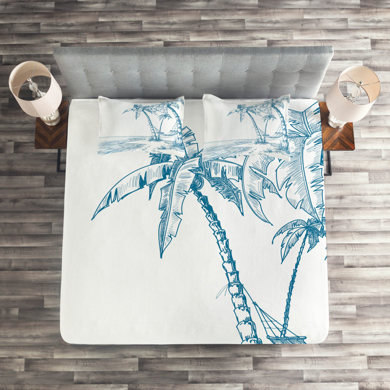 King White Microfiber Quilted Bedspread Set with Palm Tree Design