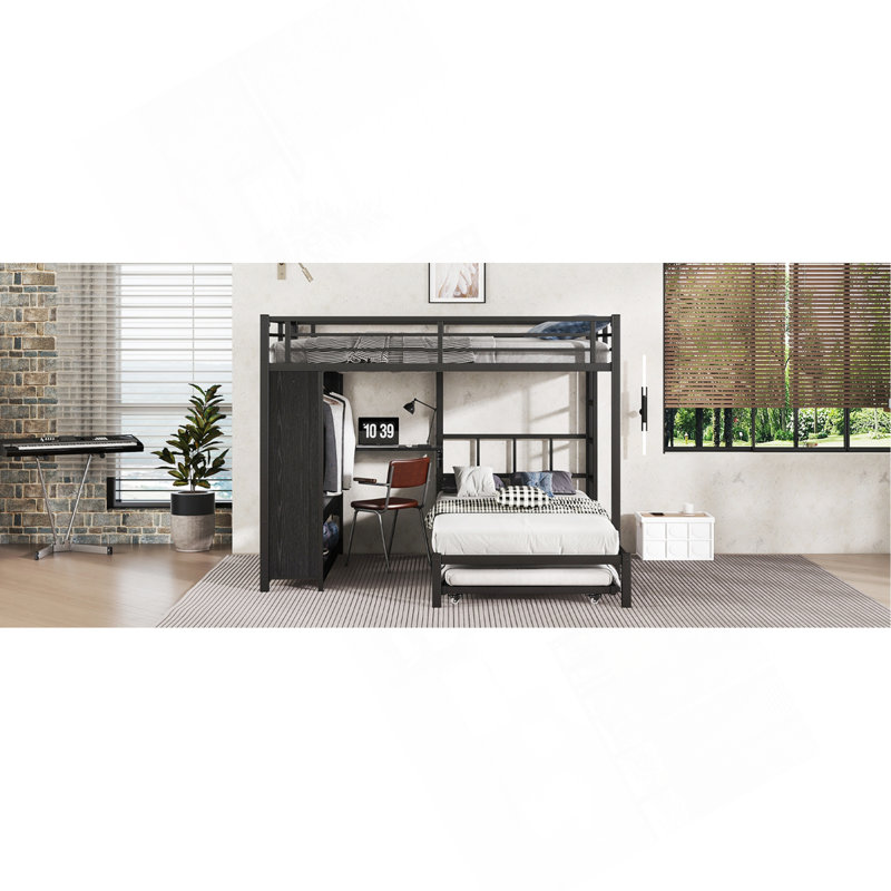 Lit superposé avec garde-robe intégré, lit superposé en métal avec lit gigogne, bureau pliable, échelles, conception à réduction de bruit, noir