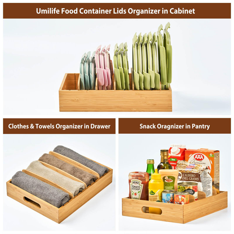 Kitchen Cabinet Organizer For Food Storage Container Lids, With Adjustable Dividers, Bamboo Drawer Caddy, Box For Kitchen Storage And Organization