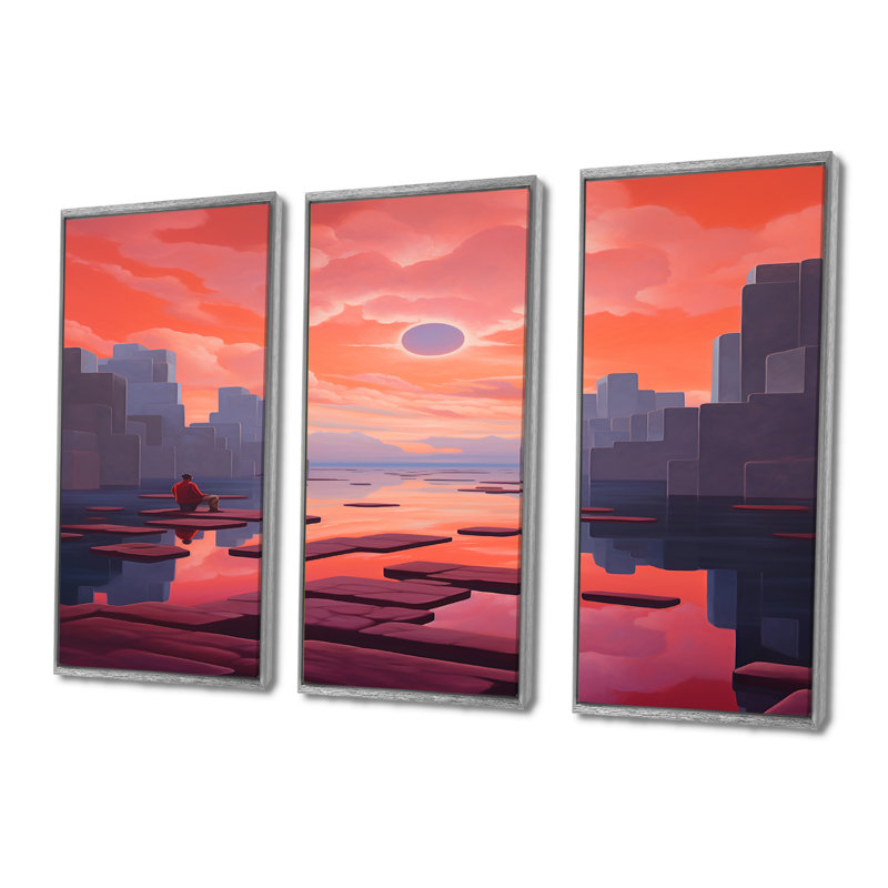 Nostalgie rouge - ensemble de salon mural art abstrait paysage, Encadrement argenté, H 40 po x l 60 po x P 1 po