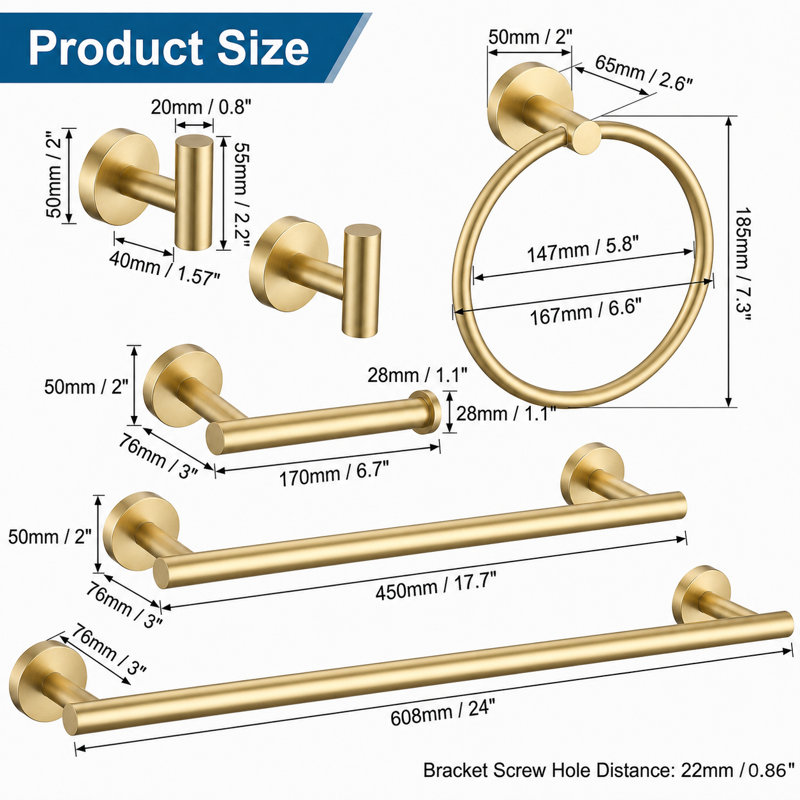 Bathroom Hardware Set Towel Bar Set, Brushed Gold, 24 in., 6 Pieces