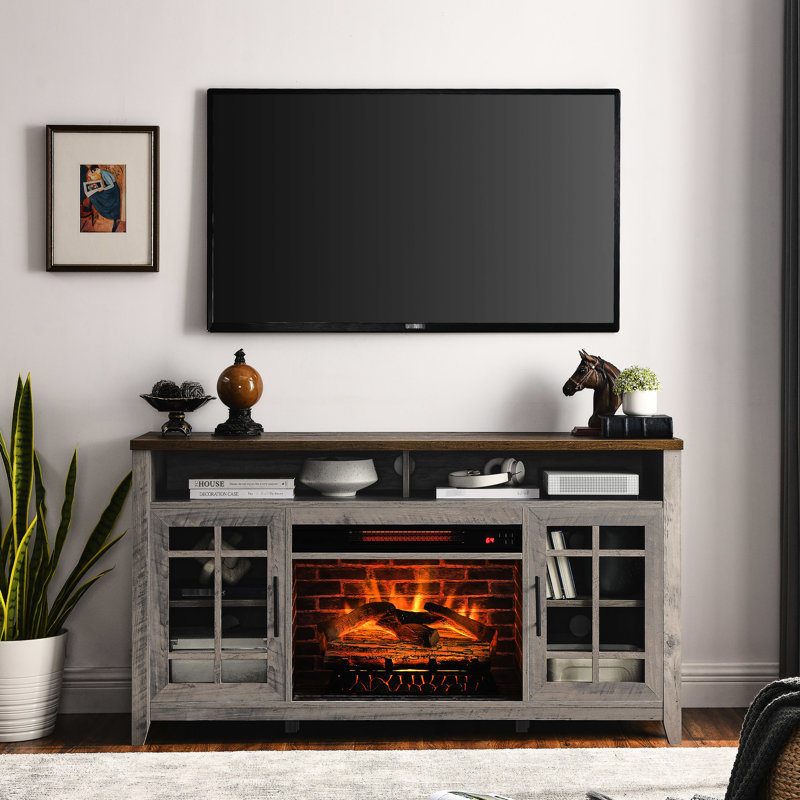 Meuble télé 55 po avec foyer électrique. Débit de chaleur de 1500 W, gris délavé. Effet de flamme réaliste. Double protection. Chauffe-câbles, maintient le confort de la pièce. 21 Design pour économiser de l'espace.