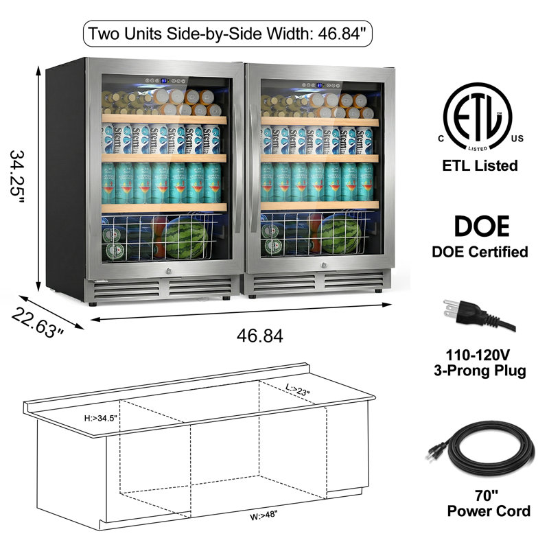 48" Beverage Refrigerator 440 Can Dual Zone Built-in Split Beer Cooler with Four Handles, Silver