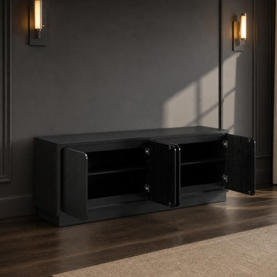 Grand meuble télé avec 4 portes de rangement fermées, console multimédia à panneau de particules durable avec trous de câbles intégrés, centre de divertissement moderne à profil bas avec tablettes réglables