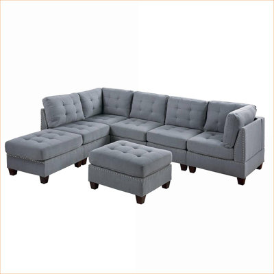 Light Gray Tufted Armless Accent Chair, Linen-Like Fabric Nailhead Trim, Walnut Brown Wooden Legs Extra Seating for Living Room Adults