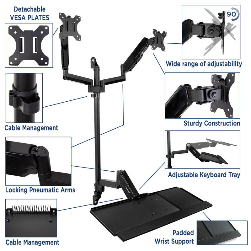Workstation Height Adjustable 2 Screen Wall Mount