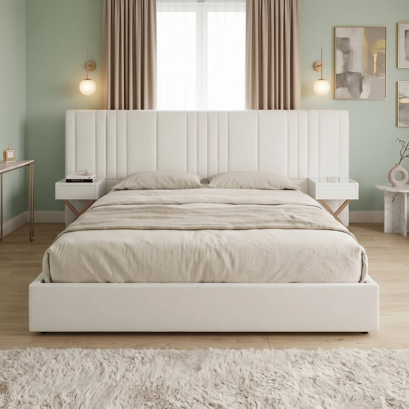 Lit plateforme de rangement capitonné en velours, style glamour contemporain, King, couleur crème, Très grand lit, Crème