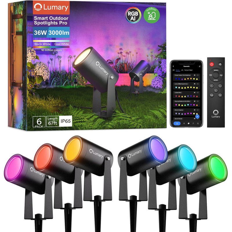 Lumary 6-Pack Smart RGBAICW Landscape Lights Pro, Color Changing Landscape Spotlights IP65 Waterproof, Low Voltage Outdoor Lights for Garden Yard and Pathway, APP/Remote/Voice Control