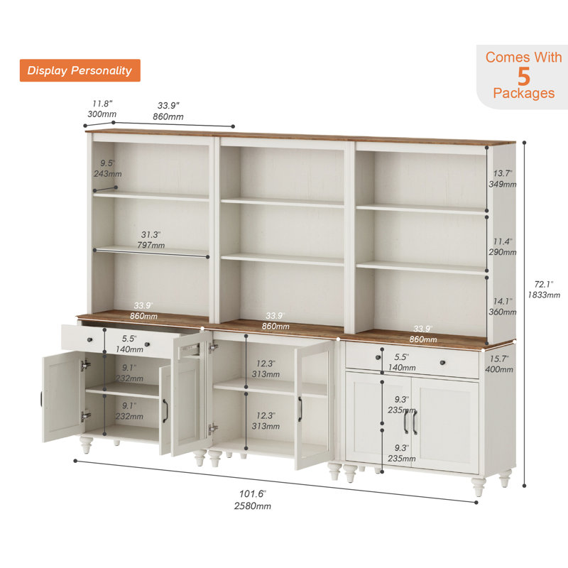 Armoires de cuisine 72 po avec tiroirs et armoires spacieuses, armoire de rangement de style maison de campagne, salon, bureau personnel, blanc