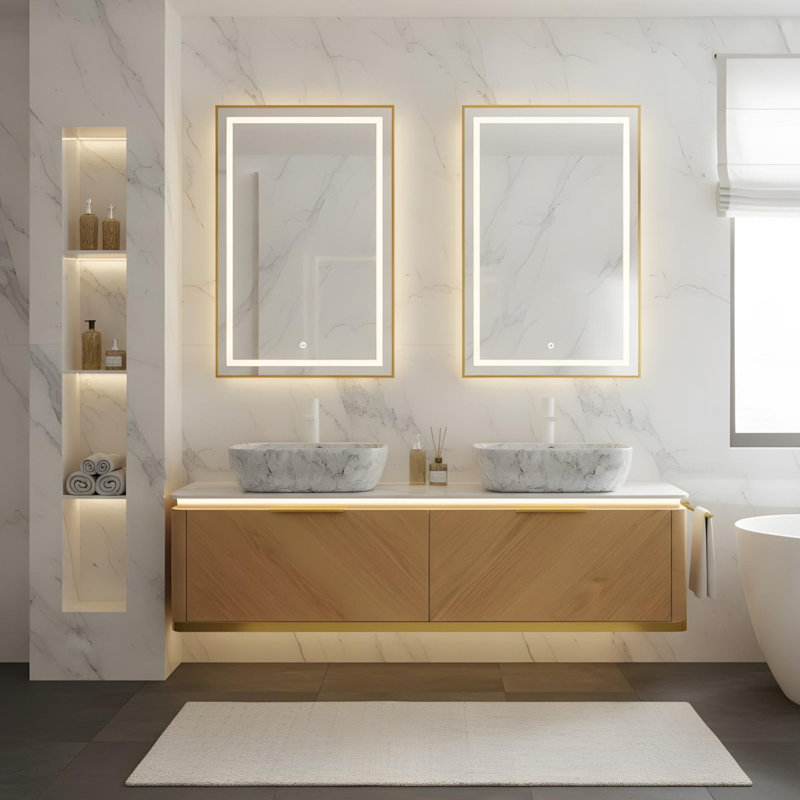 Meuble-lavabo mural 60 po avec tiroirs et vasques rectangulaires en marbre, 60"