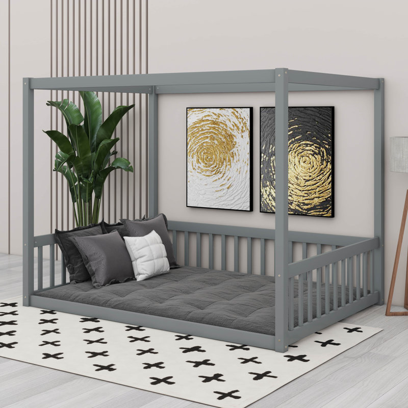 Lit double en bois d'hévéa avec clôture, gris