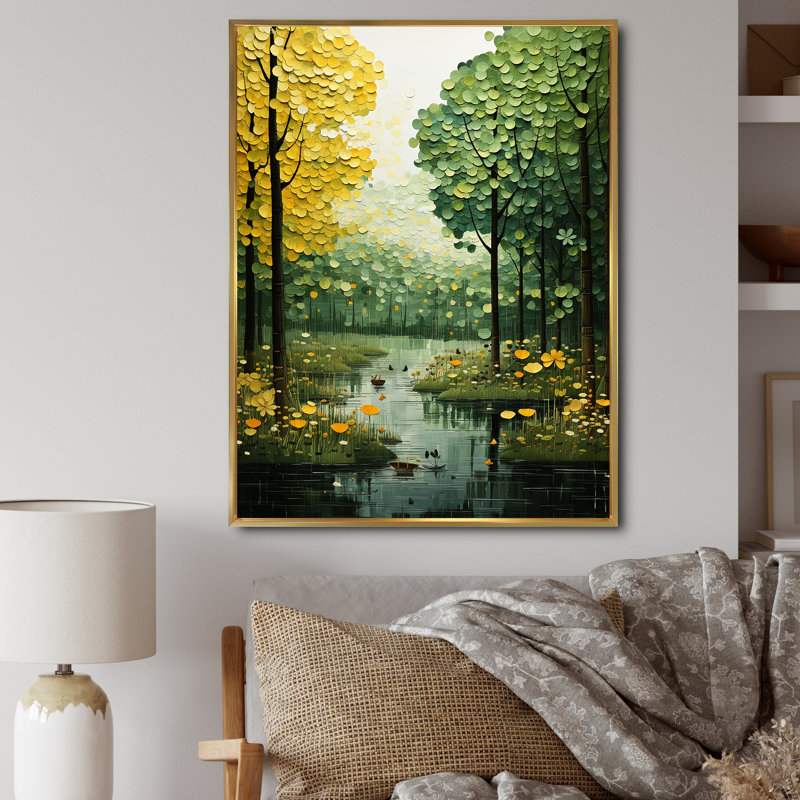 " Green Yellow Trees Verdant Canopy Patchwork ", 40" H x 30" W x 1.5" D, Gold Floater Framed