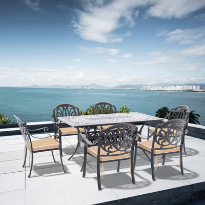 7-Piece Cast Aluminum Patio Furniture Set With Brown Cushions